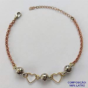 PULSEIRA NO BRUTO PRONTO PARA O BANHO(CX90) - PULSEIRA COM ESFERAS E CORAÇÕES VAZADOS - TAMANHO 18CM - PESO 2,3GR - FECHO LAGOSTA - BRU13578