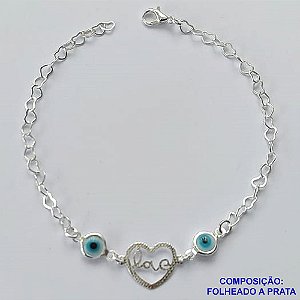 PULSEIRA FOLHEADA A PRATA COM 50 MILÉSIMOS + VERNIZ DIAMOND - PULSEIRA COM OLHOS GREGOS E CORAÇÃO VAZADO PALAVRA LOVE - TAMANHO: 20CM E FECHO LAGOSTA PRA059