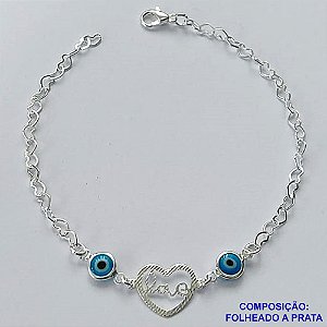 PULSEIRA FOLHEADA A PRATA COM 50 MILÉSIMOS + VERNIZ DIAMOND - PULSEIRA COM OLHOS GREGOS E CORAÇÃO VAZADO PALAVRA LOVE- TAMANHO: 20CM E FECHO LAGOSTA PRA061