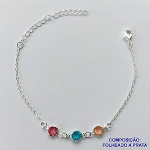 PULSEIRA FOLHEADA A PRATA COM 50 MILÉSIMOS + VERNIZ DIAMOND - PULSEIRA COM STRASS COLORIDOS - TAMANHO: 16CM + EXTENSOR E FECHO LAGOSTA PRA065