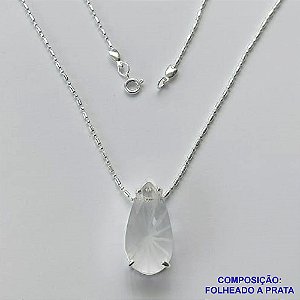 GARGANTILHA FOLHEADA A PRATA COM 50 MILÉSIMOS + VERNIZ DIAMOND - GARGANTILHA COM CORRENTE BOLINHAS E PINGENTE ZIRCÔNIA CRISTAL RISCADA 14X28MM  - TAMANHO: 45CM E FECHO REDONDO PRA066
