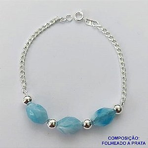 PULSEIRA FOLHEADA A PRATA COM 50 MILÉSIMOS + VERNIZ DIAMOND - PULSEIRA COM PEDRAS AZUÍS - TAMANHO: 18CM PRA070