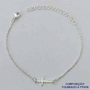 PULSEIRA FOLHEADA A PRATA COM 50 MILÉSIMOS + VERNIZ DIAMOND - PULSEIRA CRUCIFIXO LISO - TAMANHO: 16CM + EXTENSOR E FECHO LAGOSTA PRA075