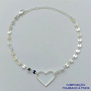 PULSEIRA FOLHEADA A PRATA COM 50 MILÉSIMOS + VERNIZ DIAMOND - PULSEIRA COM CORAÇÃO VAZADO 17MM E BOLINHAS LISAS - TAMANHO: 17CM + EXTENSOR E FECHO LAGOSTA PRA076