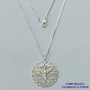 GARGANTILHA FOLHEADA A PRATA COM 50 MILÉSIMOS + VERNIZ DIAMOND - GARGANTILHA CORRENTE VENEZIANA 45CM PINGENTE ESPÍRITO SANTO 26MM E FECHO LAGOSTA PRA081