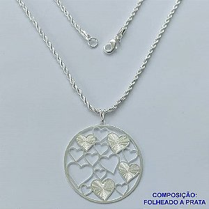 GARGANTILHA FOLHEADA A PRATA COM 50 MILÉSIMOS + VERNIZ DIAMOND - GARGANTILHA CORDÃO BAIANO 50CM E PINGENTE CORAÇÕES 40MM E FECHO LAGOSTA PRA083