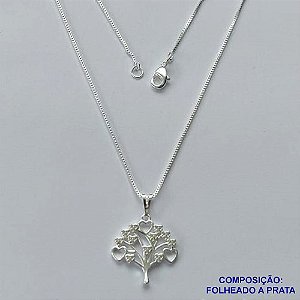 GARGANTILHA FOLHEADA A PRATA COM 50 MILÉSIMOS + VERNIZ DIAMOND - GARGANTILHA CORRENTE VENEZIANA 45CM PINGENTE ARVORE DA VIDA 18MM COM MICRO ZIRCÔNIAS E FECHO LAGOSTA PRA086