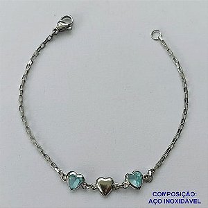 PULSEIRA EM AÇO INOXIDÁVEL - (ACO1012) - PULSEIRA COM CORAÇÃO EM ZIRCÔNIA AZUL - TAMANHO 17CM - FECHO LAGOSTA - COMPOSIÇÃO: AÇO INOXIDÁVEL - AÇO1476