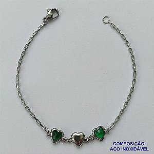 PULSEIRA EM AÇO INOXIDÁVEL - (ACO1012) - PULSEIRA COM CORAÇÃO EM ZIRCÔNIA VERDE - TAMANHO 17CM - FECHO LAGOSTA - COMPOSIÇÃO: AÇO INOXIDÁVEL - AÇO1478