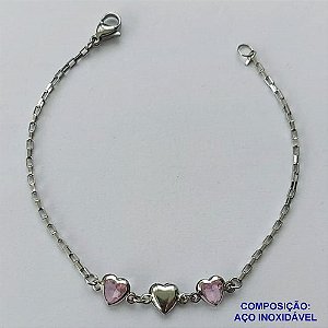 PULSEIRA EM AÇO INOXIDÁVEL - (ACO1012) - PULSEIRA COM CORAÇÃO EM ZIRCÔNIA ROSA - TAMANHO 17CM - FECHO LAGOSTA - COMPOSIÇÃO: AÇO INOXIDÁVEL - AÇO1479