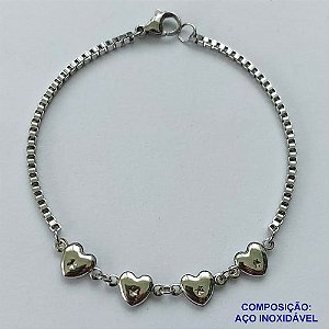PULSEIRA EM AÇO INOXIDÁVEL  (CX89)- (ACO1035) - PULSEIRA COM CORAÇÕES - TAMANHO 17CM - FECHO LAGOSTA - COMPOSIÇÃO: AÇO INOXIDÁVEL - AÇO1486