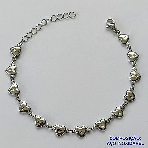 PULSEIRA EM AÇO INOXIDÁVEL (CX89) - PINGENTES CORAÇÕES - TAMANHO - 17CM -  + EXTENSOR COMPOSIÇÃO: AÇO INOXIDÁVEL - AÇO1503