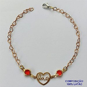 PULSEIRA NO BRUTO PRONTO PARA O BANHO (CX94)- PULSEIRA CORAÇÃO VAZADO ESCRITO LOVE E PEDRAS VERMELHAS- TAMANHO 18CM - PESO 2,5GR - FECHO LAGOSTA - BRU13589