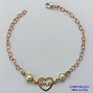 PULSEIRA NO BRUTO PRONTO PARA O BANHO(CX94) - PULSEIRA CORAÇÃO VAZADO LOVE E PÉROLAS - TAMANHO 18CM - PESO 2,4GR - FECHO LAGOSTA - BRU13592