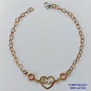 PULSEIRA NO BRUTO PRONTO PARA O BANHO(CX94) - PULSEIRA CORAÇÃO VAZADO LOVE E STRASS - TAMANHO 18CM - PESO 2,4GR - FECHO LAGOSTA - BRU13593