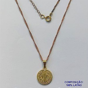 GARGANTILHA NO BRUTO PRONTO PARA O BANHO(CX94) - CORRENTE SINGAPURA DE 45CM (1863) PINGENTE SÃO BENTO 15MM - PESO 3GR - COMPOSIÇÃO: 100% LATÃO - BRU13600