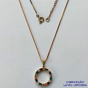 GARGANTILHA NO BRUTO PRONTO PARA BANHO(CX92) - CORRENTE VENEZIANA 45CM + EXTENSOR COM PINGENTE REDONDO VAZADO CRAVEJADO EM MICROS ZIRCÔNIAS COLORIDAS - PESO: 3,5GR - BRU13613