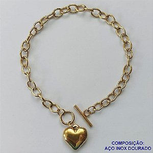 PULSEIRA EM AÇO INOXIDÁVEL DOURADA - (LB062210) LARGURA 5MM - TAMANHO: 20CM COM PINGENTE CORAÇÃO 15MM  - COMPOSIÇÃO: AÇO INOXIDÁVEL - AÇO1518