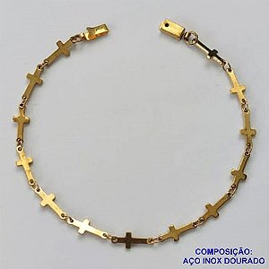 PULSEIRA EM AÇO INOXIDÁVEL DOURADA - (LB086062) -  PULSEIRA COM CRUCIFIXOS TAMANHO: 18CM - COMPOSIÇÃO: AÇO INOXIDÁVEL - AÇO1520
