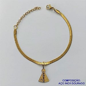 PULSEIRA EM AÇO INOXIDÁVEL DOURADA - (LB026449) -  PULSEIRA LACRAIA COM PINGENTE NOSSA SENHORA APARECIDA 10MM TAMANHO: 16CM - COMPOSIÇÃO: AÇO INOXIDÁVEL - AÇO1525