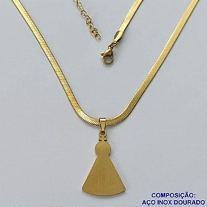 GARGANTILHA EM AÇO INOXIDÁVEL DOURADO(LB026447) - GARGANTILHA COM CORRENTE LACRAIA NOSSA SENHORA APARECIDA 17MM FECHO LAGOSTA + EXTENSOR - TAMANHO: 40CM - COMPOSIÇÃO: AÇO INOXIDÁVEL - AÇO1561