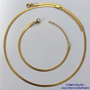CONJUNTO EM AÇO INOXIDÁVEL DOURADO(LB062079) - GARGANTILHA COM CORRENTE LACRAIA 40CM LARGURA 2MM + PULSEIRA LACRAIA 16CM LARGURA 2MM + EXTENSOR - COMPOSIÇÃO: AÇO INOXIDÁVEL - AÇO1563