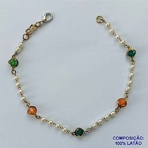 PULSEIRA PRONTO PARA O BANHO(CX96) - PULSEIRA COM PÉROLAS E PEDRA CRISTAL TAMANHO 18CM - PESO TOTAL 2,3GR - BRU13642