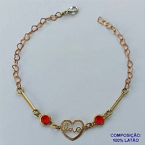 PULSEIRA PRONTO PARA O BANHO(CX96) - PULSEIRA COM CORAÇÃO LOVE E PEDRAS CRISTAIS VERMELHAS TAMANHO 19CM - PESO TOTAL 2,7GR - BRU13648