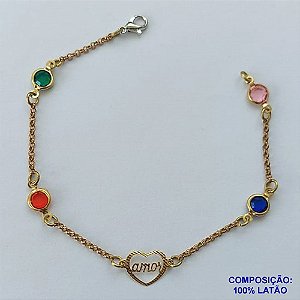 PULSEIRA PRONTO PARA O BANHO(CX96) - PULSEIRA COM CORAÇÃO AMOR E PEDRAS CRISTAIS COLORIDAS  TAMANHO 19CM - PESO TOTAL 2,7GR - BRU13649