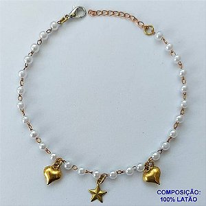 PULSEIRA PRONTO PARA O BANHO(CX96) - PULSEIRA COM PÉROLAS E CORAÇÕES TAMANHO 18CM - PESO TOTAL 3,1GR - BRU13650