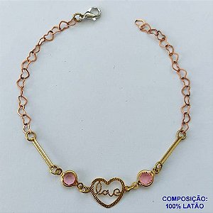 PULSEIRA PRONTO PARA O BANHO(CX96) - PULSEIRA COM CORAÇÃO LOVE E PEDRAS CRISTAIS ROSA TAMANHO 19CM - PESO TOTAL 2,1GR - BRU13651