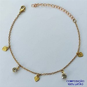 PULSEIRA PRONTO PARA O BANHO(CX96) - PULSEIRA COM STRASS E CORAÇÕES + EXTENSOR TAMANHO 17CM - PESO TOTAL 3,2GR - BRU13657