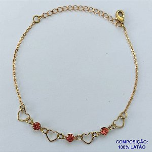 PULSEIRA PRONTO PARA O BANHO(CX96) - PULSEIRA COM CORAÇÕES E STRASS ROSA + EXTENSOR TAMANHO 17CM - PESO TOTAL 2,1GR - BRU13660