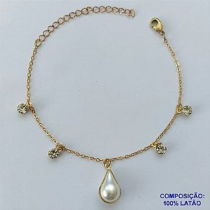 PULSEIRA PRONTO PARA O BANHO(CX96) - PULSEIRA COM GOTA EM PÉROLA E STRASS + EXTENSOR TAMANHO 16CM - PESO TOTAL 2,1GR - BRU13663