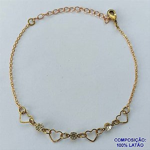 PULSEIRA PRONTO PARA O BANHO(CX96) - PULSEIRA CORAÇÕES VAZADOS E STRASS + EXTENSOR TAMANHO 18CM - PESO TOTAL 1,7GR - BRU13664