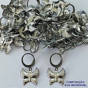 BRINCO EM AÇO INOXIDÁVEL(CX96) -  BRINCO TRANQUETA (ARGOLINHA DE PRESSÃO) EM AÇO INOXIDÁVEL PINGENTE BORBOLETA 14MM - (AÇO1593)