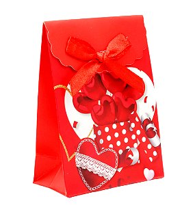 SACOLA EMBALAGEM DE PRESENTE JOIAS COM VELCRO E LACINHO - VERMELHO COM ROSA E CORAÇÕES - TAMANHO: 7,5x10,5x4CM - (VENDIDO POR UNIDADE) - BRU0002908
