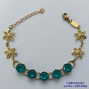 PULSEIRA NO BRUTO PRONTO PARA O BANHO(CX95) FLOR C/ PÉTALAS VAZADAS 15MM COM CINCO ZIRCÔNIA VERDE  BASE EM ''ALTA FUSÃO''  DE 10X10MM - PESO 9.8GR - TAMANHO 19CM -  BRU13679