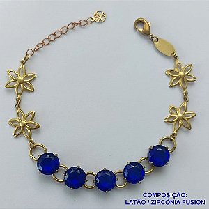 PULSEIRA NO BRUTO PRONTO PARA O BANHO(CX95)  FLOR C/ PÉTALAS VAZADAS 15MM COM CINCO ZIRCÔNIA AZUL FUSION BASE EM ''ALTA FUSÃO''  DE 10X10MM - PESO 9.8GR - TAMANHO 19CM -  BRU13681