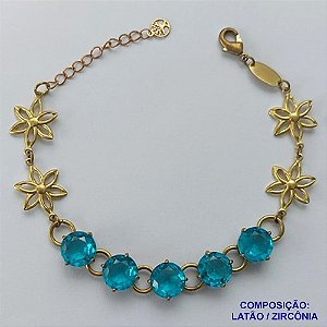 PULSEIRA NO BRUTO PRONTO PARA O BANHO(CX95) FLOR C/ PÉTALAS VAZADAS 15MM COM CINCO ZIRCÔNIA AZUL CLARO BASE EM ''ALTA FUSÃO''  DE 10X10MM - PESO 9.8GR - TAMANHO 19CM -  BRU13682