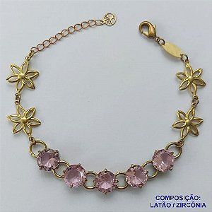 PULSEIRA NO BRUTO PRONTO PARA O BANHO(CX95)  FLOR C/ PÉTALAS VAZADAS 15MM COM CINCO ZIRCÔNIA ROSA BASE EM ''ALTA FUSÃO''  DE 10X10MM - PESO 9.8GR - TAMANHO 19CM -  BRU13683