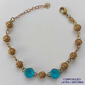 PULSEIRA NO BRUTO PRONTO PARA BANHO(CX95) COM DUAS ZIRCÔNIA AZUL 10X10MM COM BASE EM ('' ALTA FUSÃO '') TAMNHO 18CM+EXTENSOR E BOLAS DE LATÃO DE 8MM -  BRU13685