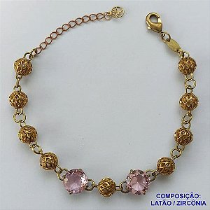 PULSEIRA NO BRUTO PRONTO PARA BANHO COM DUAS ZIRCÔNIA ROSA 10X10MM COM BASE EM ('' ALTA FUSÃO '') TAMNHO 18CM+EXTENSOR E BOLAS DE LATÃO DE 8MM -  BRU13686