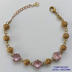 PULSEIRA NO BRUTO PRONTO PARA BANHO(CX95) COM TRÊS ZIRCÔNIAS ROSA 10X10MM COM BASE EM ('' ALTA FUSÃO '') TAMNHO 18CM+EXTENSOR E BOLAS DE LATÃO DE 8MM - BRU13688