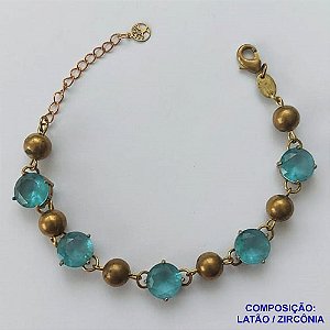 PULSEIRA NO BRUTO PRONTO PARA O BANHO(CX95)  COM CINCO PEDRA DE ZIRCÔNIAS AZUÍS 10X10MM COM BASE EM (''ALTA FUSÃO'') COM BOLINHAS DE 8MM LISAS TODA EM LATÃO - TAM.18CM+EXTENSOR  (9.9GR) BRU13695
