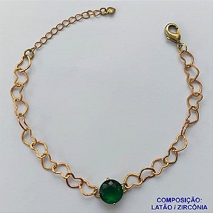 PULSEIRA NO BRUTO PRONTO PARA BANHO - PULSEIRA COM CORRENTE CORAÇÃO 6MM E PINGENTE EM ZIRCÔNIA VERDE 10MM COM BASE EM ALTA FUSÃO - TAMANHO: 18CM + EXTENSOR - PESO: 4,2GR -  BRU13713