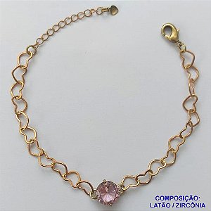 PULSEIRA NO BRUTO PRONTO PARA BANHO - PULSEIRA COM CORRENTE CORAÇÃO 6MM E PINGENTE EM ZIRCÔNIA ROSA 10MM COM BASE EM ALTA FUSÃO - TAMANHO: 18CM + EXTENSOR - PESO: 4,2GR -  BRU13715