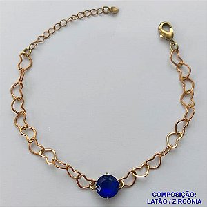 PULSEIRA NO BRUTO PRONTO PARA BANHO - PULSEIRA COM CORRENTE CORAÇÃO 6MM E PINGENTE EM ZIRCÔNIA AZUL ESCURA 10MM COM BASE EM ALTA FUSÃO - TAMANHO: 18CM + EXTENSOR - PESO: 4,2GR -  BRU13718