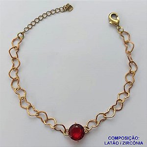 PULSEIRA NO BRUTO PRONTO PARA BANHO - PULSEIRA COM CORRENTE CORAÇÃO 6MM E PINGENTE EM ZIRCÔNIA VERMELHA 10MM COM BASE EM ALTA FUSÃO - TAMANHO: 18CM + EXTENSOR - PESO: 4,2GR -  BRU13719