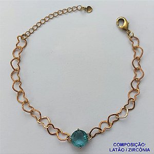 PULSEIRA NO BRUTO PRONTO PARA BANHO - PULSEIRA COM CORRENTE CORAÇÃO 6MM E PINGENTE EM ZIRCÔNIA AZUL CLARA 10MM COM BASE EM ALTA FUSÃO - TAMANHO: 18CM + EXTENSOR - PESO: 4,2GR -  BRU13720